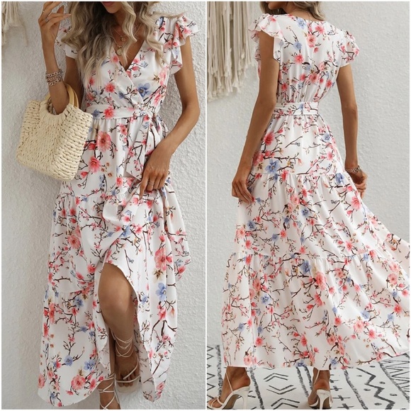 Boho Floral Print Butterfly Sleeve Maxi Dress - Picture 4 of 16